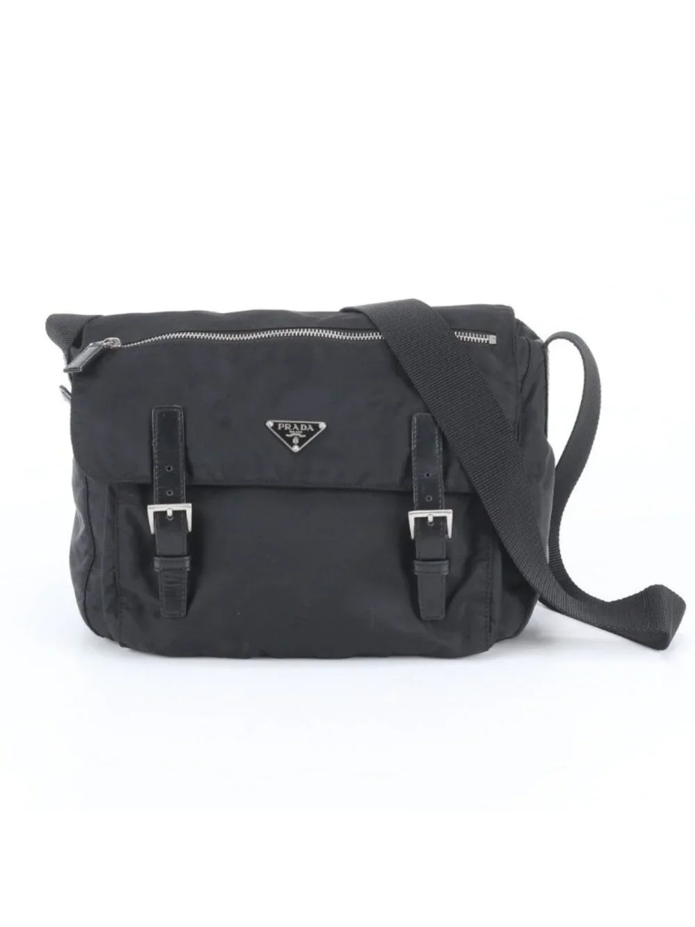 Prada Tessuto Nylon Triangle Logo Leather Shoulder Bag Crossbody Messenger Black